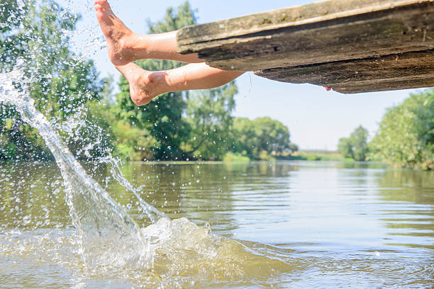istock girl splashes feet on water 484502738
