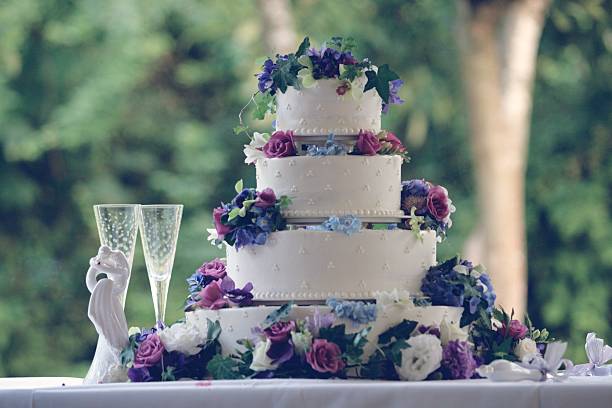 3 tiered white wedding cake An elegant catered white wedding cake with 3 tiers and latticed frosting. wedding cake stock pictures, royalty-free photos & images