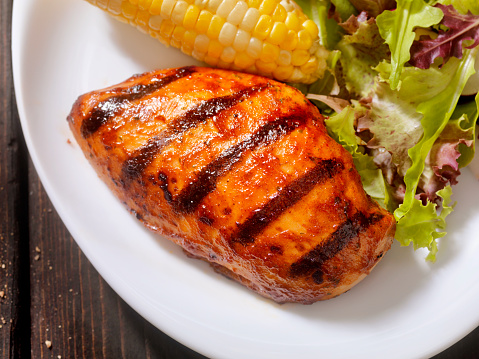 BBQ Chicken Breast with Mixed Greens and Corn -Photographed on Hasselblad H3D2-39mb Camera