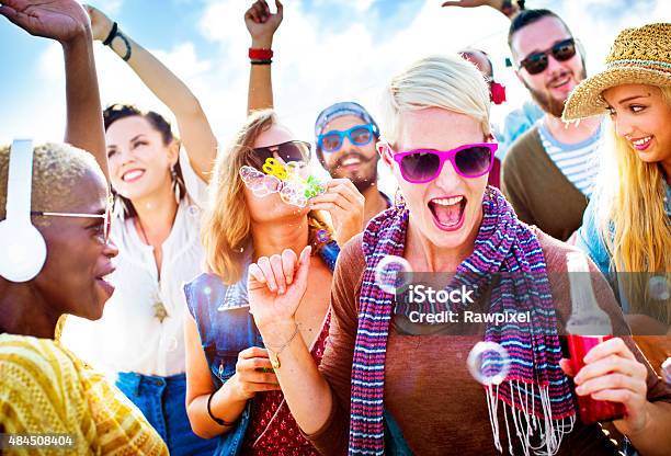 Teenagers Friends Beach Party Happiness Concept Stock Photo - Download Image Now - 2015, Adult, African Culture