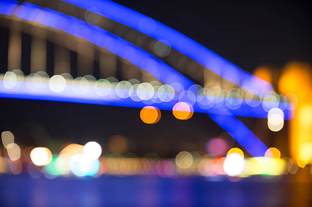Sydney harbour bridge at night defocussed. The bridge is out of focus with purple lights. Copy space. The bridge is lit with coloured lights which are reflected on the water.