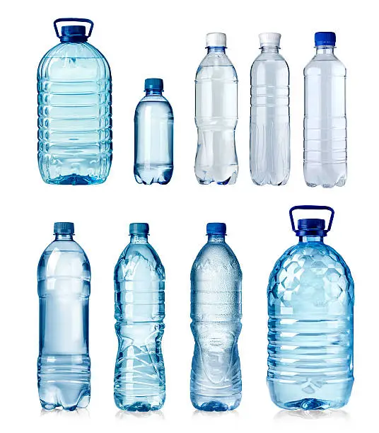 Collage of water bottles isolated on a white background