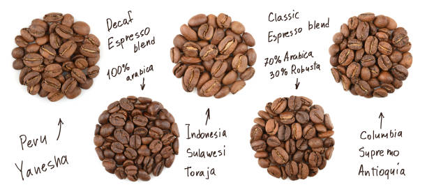 Collection of roasted coffee beans. name coffees