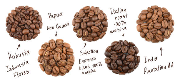Collection of roasted coffee beans. name coffees