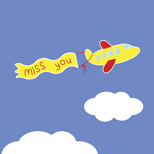 istock Cartoon plane.  Ribbon with words Miss you. Card. 484515061