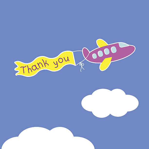 istock Cartoon violet plane.  Ribbon with words Thank you. Card. 484515173