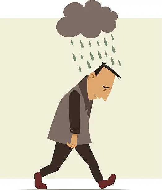 Vector illustration of Illustration of man walking under rain cloud