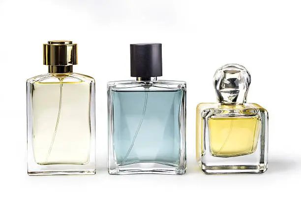 Studio photo of set of luxury perfume bottles. Isolated on white background with clipping path