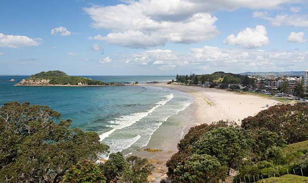 View of the coastline and town of Tauranga from the Mount in New Zealand