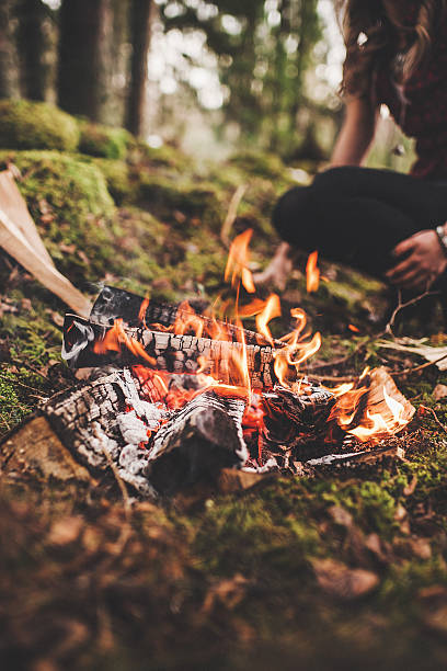 istock Woman chopping wood in the forest by campfire 484521985