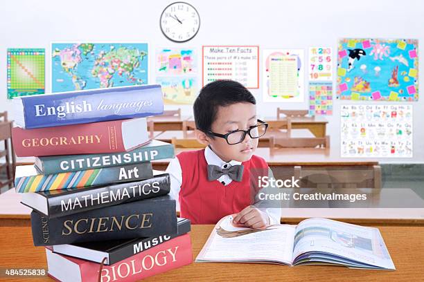 Male Kid Studying With Lesson Books In Class Stock Photo - Download Image Now - Homework, 2015, Art