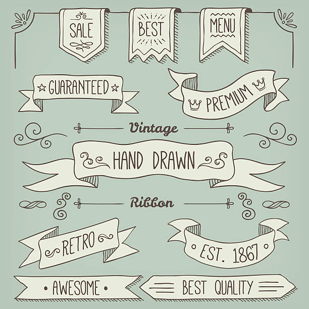 ribbon Hand Drawn Scroll Elements and Page Decoration label drawings stock illustrations