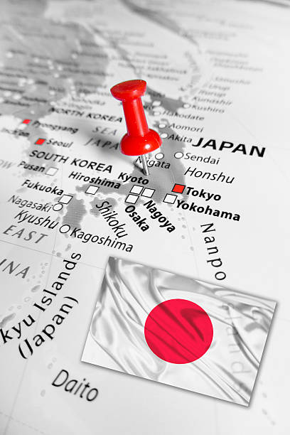 istock Red marker over Japan with national flag 484534320