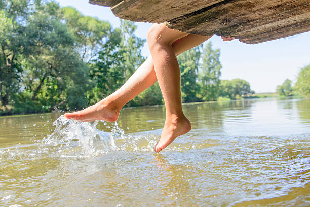 istock girl splashes feet on water 484534388