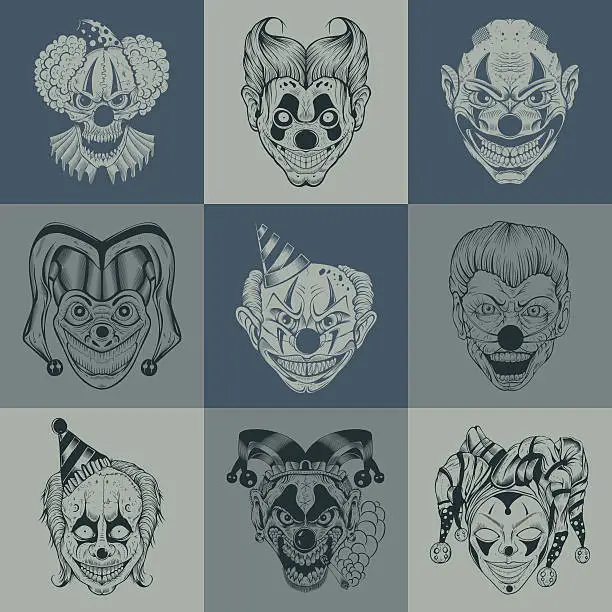 Vector illustration of Set of nine images with painted fantastic scary clown