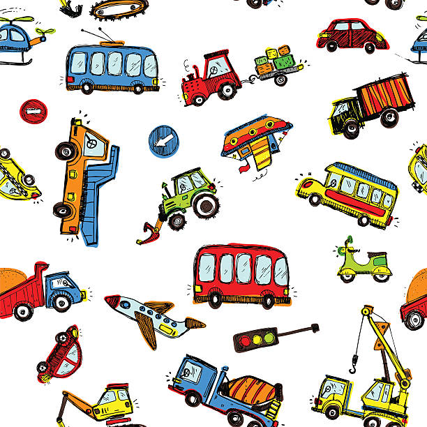 illustrazioni stock, clip art, cartoni animati e icone di tendenza di bambini divertente automobili. pattern senza bordi. - retro revival backgrounds designer newspaper