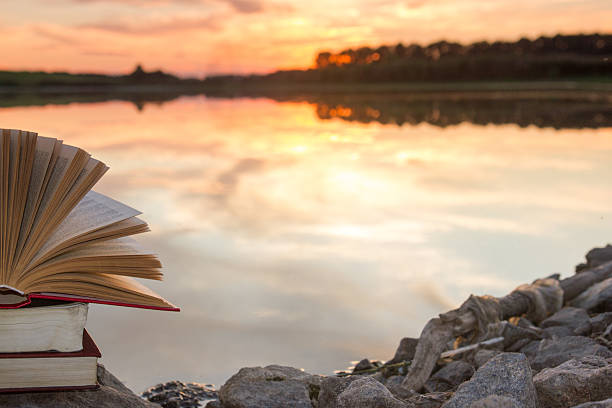 istock Stack of hardback book, Open  book on blurred nature landscape 484538198