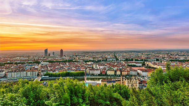 View of Lyon city during sunrise stock photo