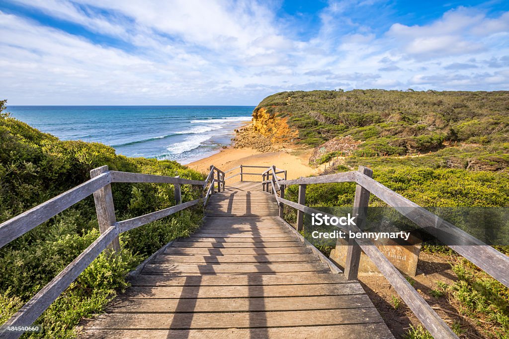 Surf Coast Victoria Walkway of the legendary Bells Beach - the beach of the cult film Point Break, near Torquay, gateway to the Surf Coast of Victoria, Australia, where he began the famous  Great Ocean Road Anglesea Stock Photo