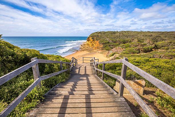 Surf Coast Victoria Walkway of the legendary Bells Beach - the beach of the cult film Point Break, near Torquay, gateway to the Surf Coast of Victoria, Australia, where he began the famous  Great Ocean Road lorne stock pictures, royalty-free photos & images
