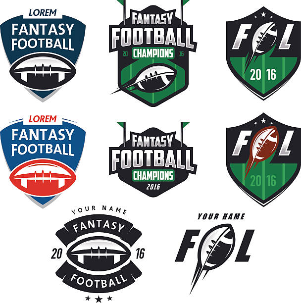 американский футбол fantasy лига этикетки и элементы дизайна, эмблемами - футбольный мяч иллюстрации stock illustrations