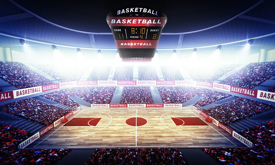 An imaginary basketball stadium's modelled and rendered.