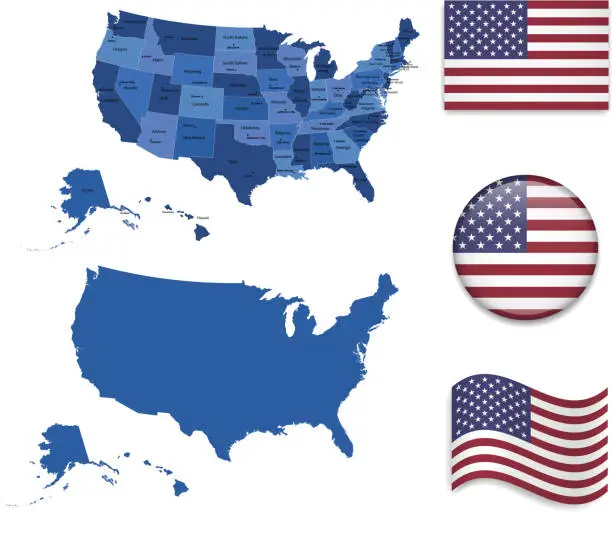 Vector illustration of USA Map and Flags Set