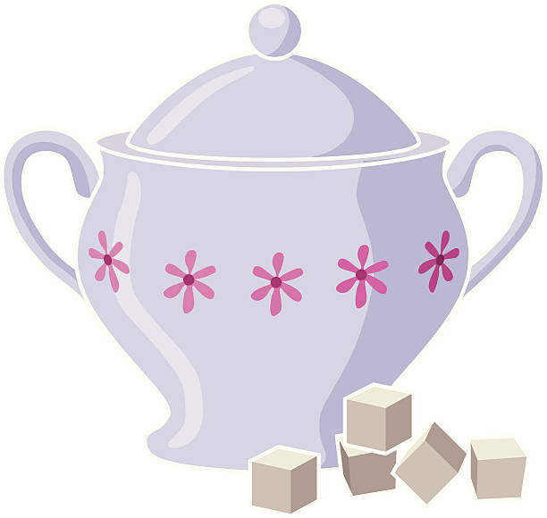 sugar bowl and cubes A vector illustration of a sugar bowl and sugar cubes. sugar bowl crockery stock illustrations