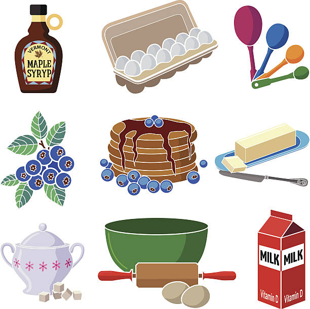 ilustrações, clipart, desenhos animados e ícones de culinária uma panqueca de café-da-manhã - butter dairy product butter dish milk