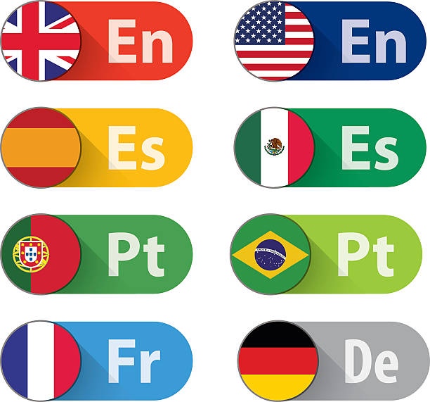 Language Buttons Set of 8 Language buttons, flat style. CMYK Ai10 EPS. english culture stock illustrations