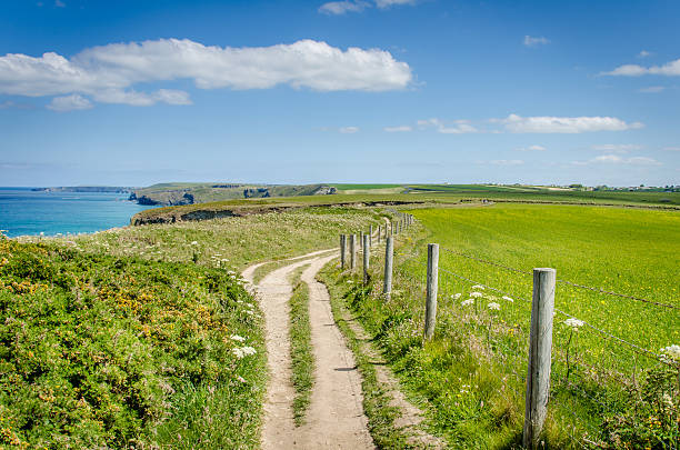 Deserted Clifftop Path and Blue Sky Clifftop Path along the North Coast of Cornwall near Newquay, England. cornwall england stock pictures, royalty-free photos & images