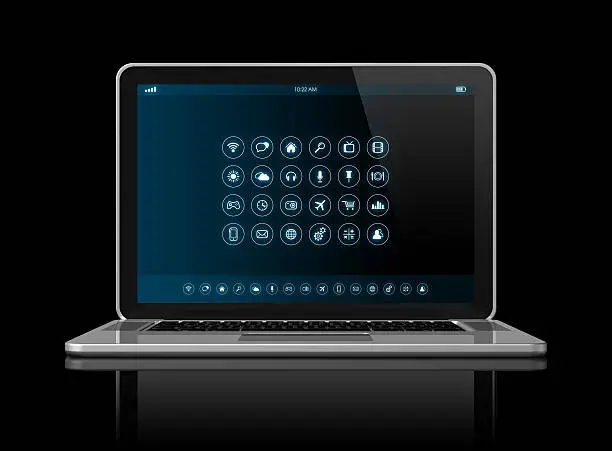 3D Laptop Computer - apps icons interface - isolated on black with clipping path