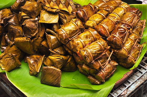 Thai dessert, Khao Tom Mad, steamed sticky rice with banana