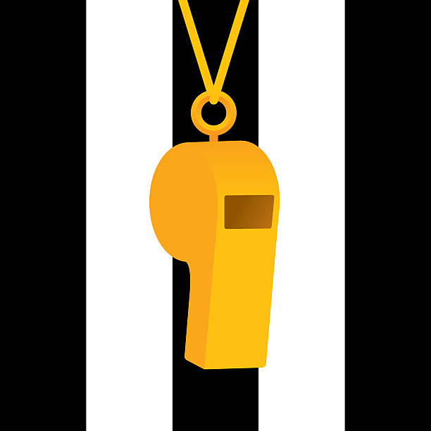 Referee Whistle Vector illustration of a gold whistle hanging against the black and white stripes of a referee's shirt in flat style. loud whistle sound stock illustrations