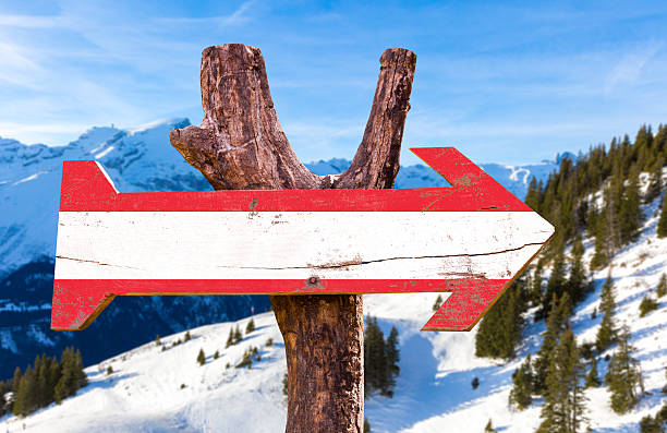 istock Austria Flag wooden sign with alps landscape 484557810