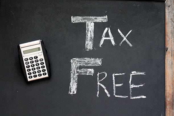 Tax Free Wording & Calculator on Chalkboard Tax Free Wording 10 early withdrawal penalty & Calculator on Chalkboard tax free stock pictures, royalty-free photos & images
