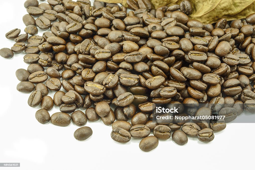 Roasted coffee beans and leaves dry Arabia Stock Photo