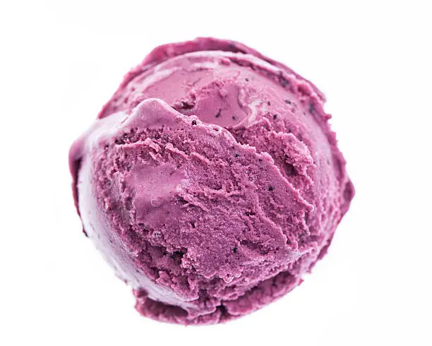 Photo of single blueberry ice cream scoop isolated on white background