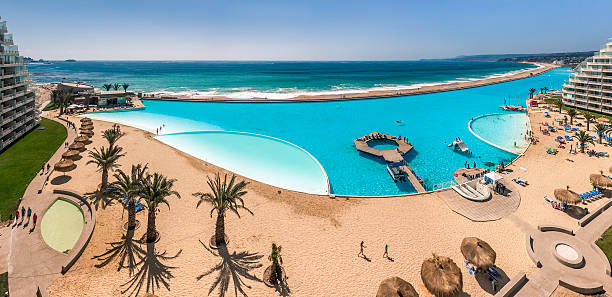 San Alfonso del Mar Algarrobo, Chile - January 15, 2012: San Alfonso del Mar, Guinness World Record of the biggest swimming pool of the world with 8 hectares and 1 km in length and 250 million liters of sea water. biggest stock pictures, royalty-free photos & images