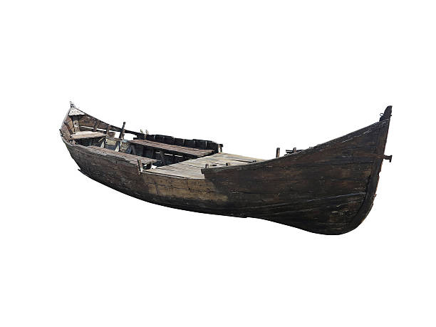 istock Vintage old damaged boat isolated over white 484564478