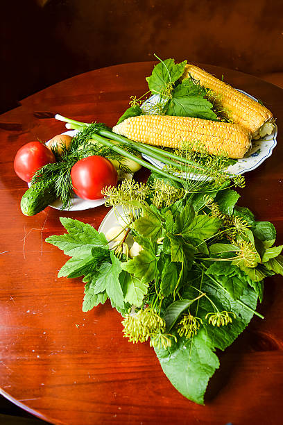 pomidory, ogórek, koper ogrodowy, czosnek, plasterki ogórka, kukurydza. - eggplant group of objects raw food eating zdjęcia i obrazy z banku zdjęć