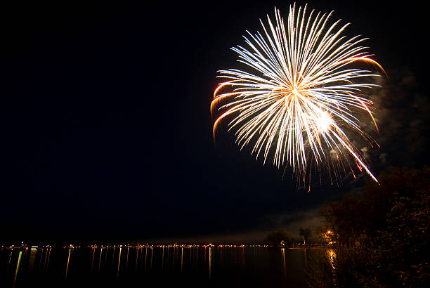 Boats viewing fireworks over lake, 4th ofJuly. Minnesota
