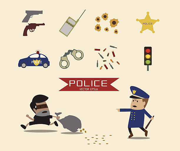 ilustraciones, imágenes clip art, dibujos animados e iconos de stock de conjunto de dibujos animados de policías elemento - american justice audio