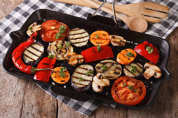 istock Vegetables cooked on the grill pan closeup. Horizontal 484565822