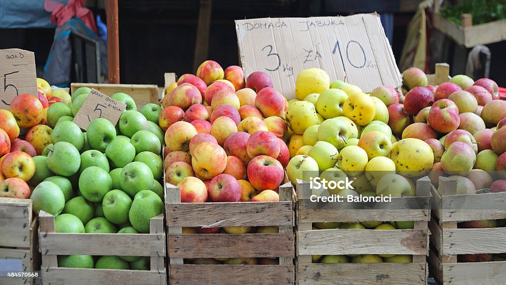 Apples Various Apples Fruits in Crates at Farmers Market 2015 Stock Photo