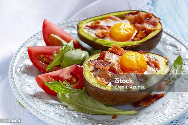 Avocado Egg Boats With Bacon Stock Photo - Download Image Now - 2015, Appetizer, Baked