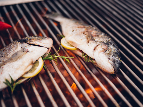 Two whole fresh fish stuffed with lemon slices and rosemary, grilling on a barbecue outdoors
