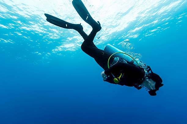 A DSLR underwater photo of a woman scuba diving in Tiputa Pass, Rangiroa, French Polynesia. She is tilted down swimming to the bottom. Above her is the water surface brightly lit by sunshine. The water is superbly clear turquoise blue.