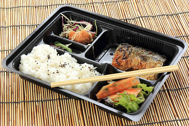 istock Grill Saba fish with steam rice in set bo 484580781