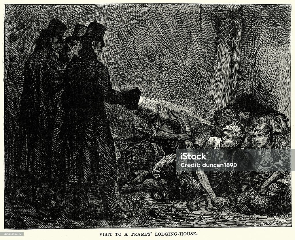 Charles Dickens - Visit to a Tramps Lodging House Vintage engraving of a scene from the Life of Charles Dickens. Visit to a Tramps Lodging House. Fred Barnard History stock illustration